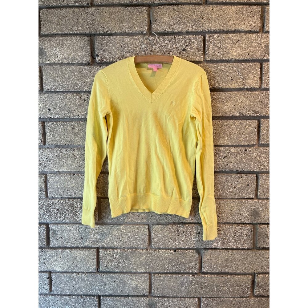 Lilly Pulitzer Womens Yellow V-Neck Sweater With Embroidered Palm Tree Logo